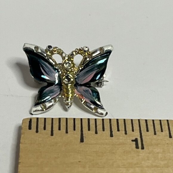 VTG Small Butterfly Brooch w/Dark Enamel Wings Rhinestones Silver-Tone .75" - Picture 5 of 7